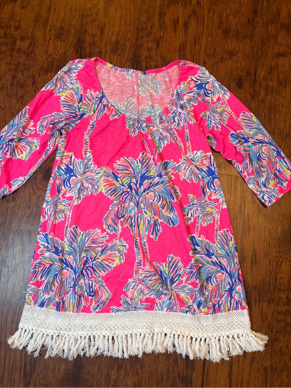 Lilly Pulitzer Hot Pink Palm Print Midi Dress with Fringe